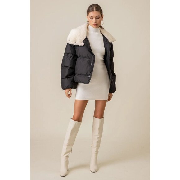 NWOT LINE AND DOT Sage Black Faux Fur Shearling Puffer Jacket Coat, Size S - Picture 1 of 13